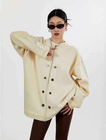 Ribbed Trim Oversized Button Zip Knit Cardigan