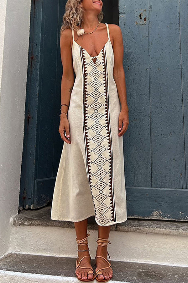Tribal Geometric Panel Plunge V-Neck Spaghetti Strap Midi Dress