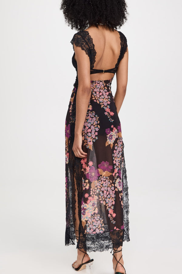Floral Print Lace Patchwork Hollow-out Slim-fit Midi Dress