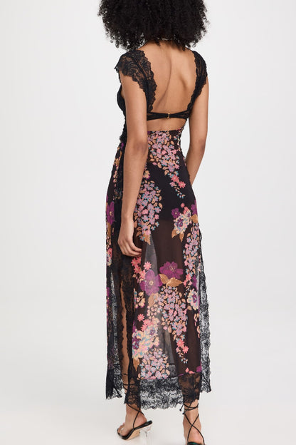 Floral Print Lace Patchwork Hollow-out Slim-fit Midi Dress