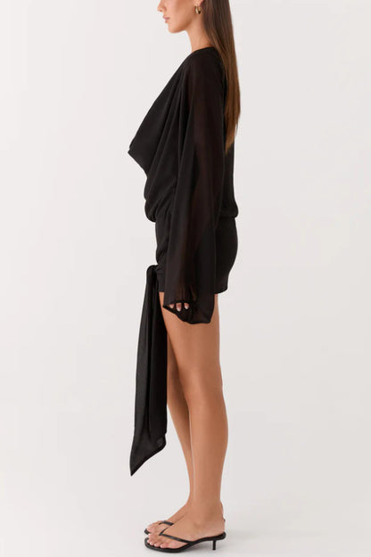 Tie-dye Print V-neck Long-sleeved Ribbon Vacation Mini Dress