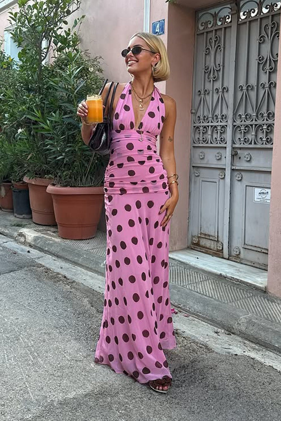 Polka Dot Deep V-Neck Wide Strap Ruched Waist Flowy Maxi Dress