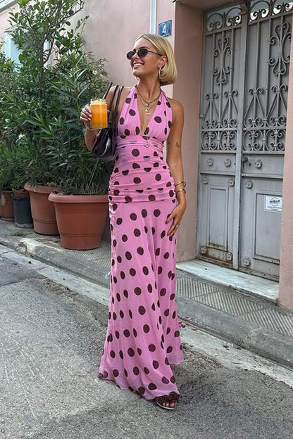 Polka Dot Deep V-Neck Wide Strap Ruched Waist Flowy Maxi Dress