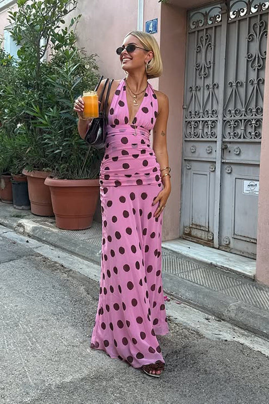 Polka Dot Deep V-Neck Wide Strap Ruched Waist Flowy Maxi Dress
