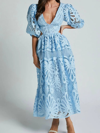 Guipure Lace Puff Sleeve Deep V-Neck Side Cutout Midi Dress