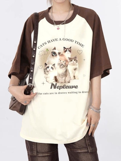 Vintage Cat Print Raglan Oversized Short Sleeve Tee
