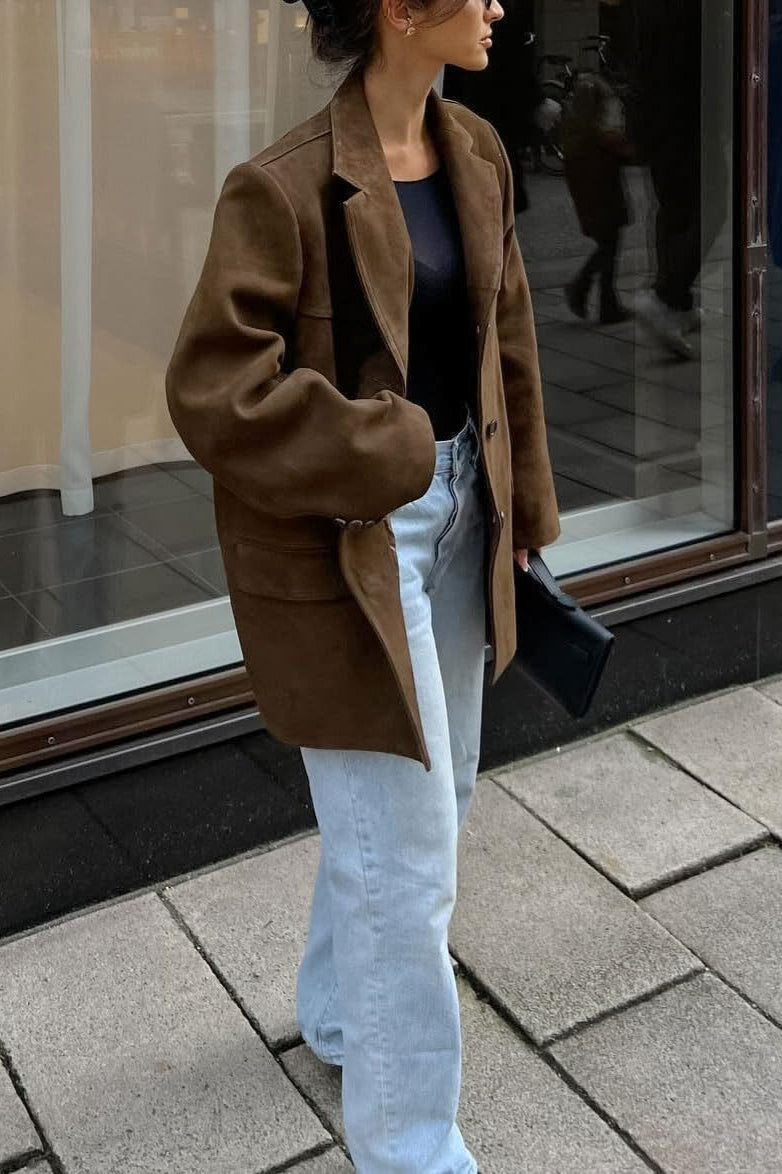 Retro Brown Faux Suede Blazer Jacket