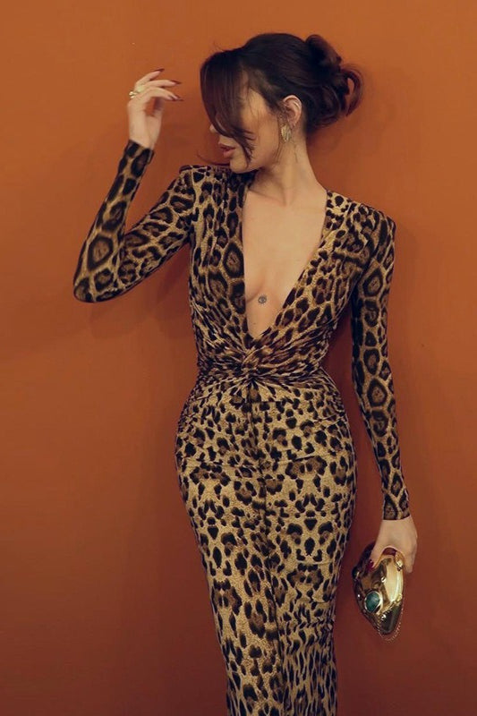 Print Plunging V-Neck Knot Front Long Sleeve Maxi Dress