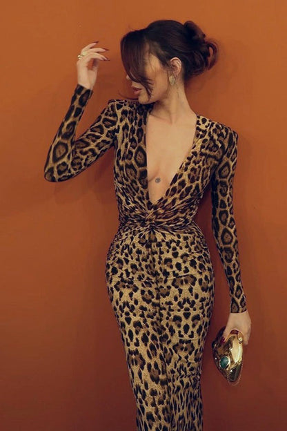 Print Plunging V-Neck Knot Front Long Sleeve Maxi Dress