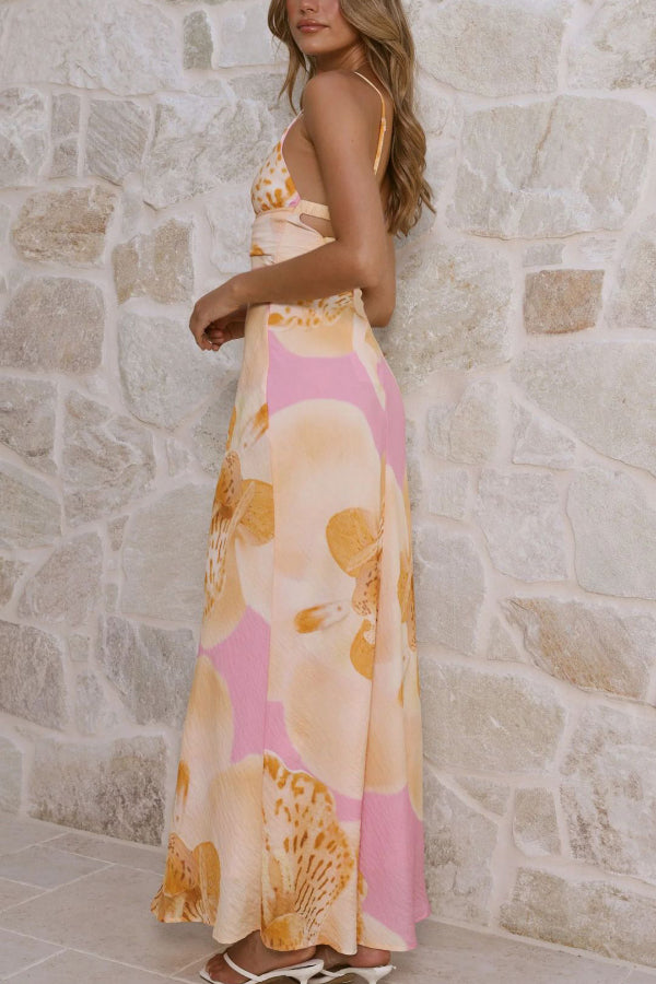 Floral Print V-neck Camisole Slim-fit Holiday Maxi Dress