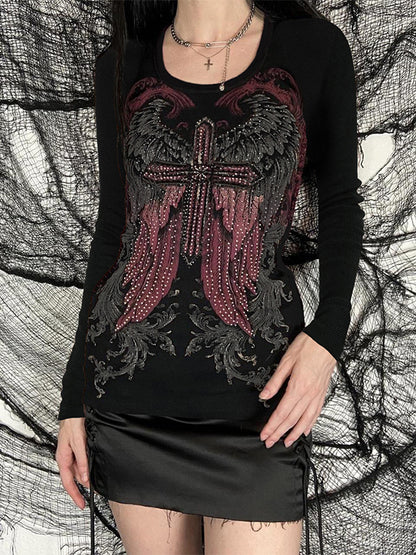 Wing Cross Rhinestone Print Long Sleeve Tee
