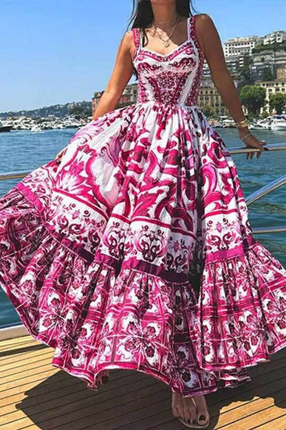 Mediterranean Print Sweetheart Neck Tiered Flounce Hem Maxi Dress
