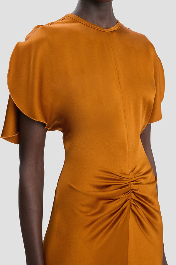 Isabella Satin Short Sleeve Ruched Waist V-shape Back Gown Maxi Dress