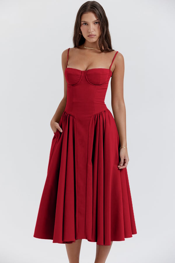 Corset Bustier Spaghetti Strap Basque Waist Pleated Midi Dress