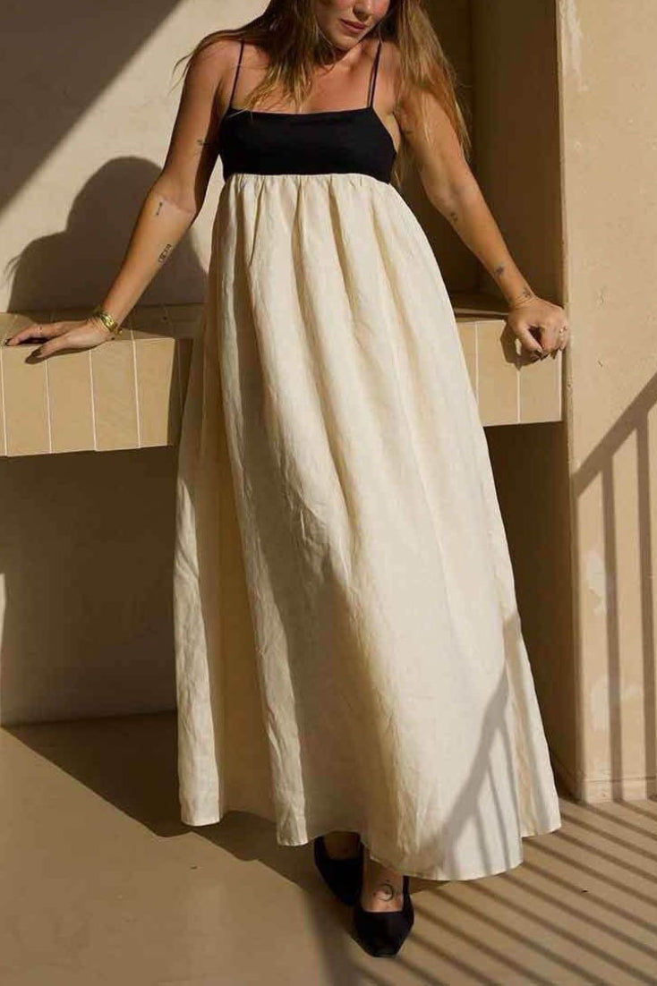 Linen Blend Colorblock Spaghetti Strap Empire Waist Gathered Maxi Dress