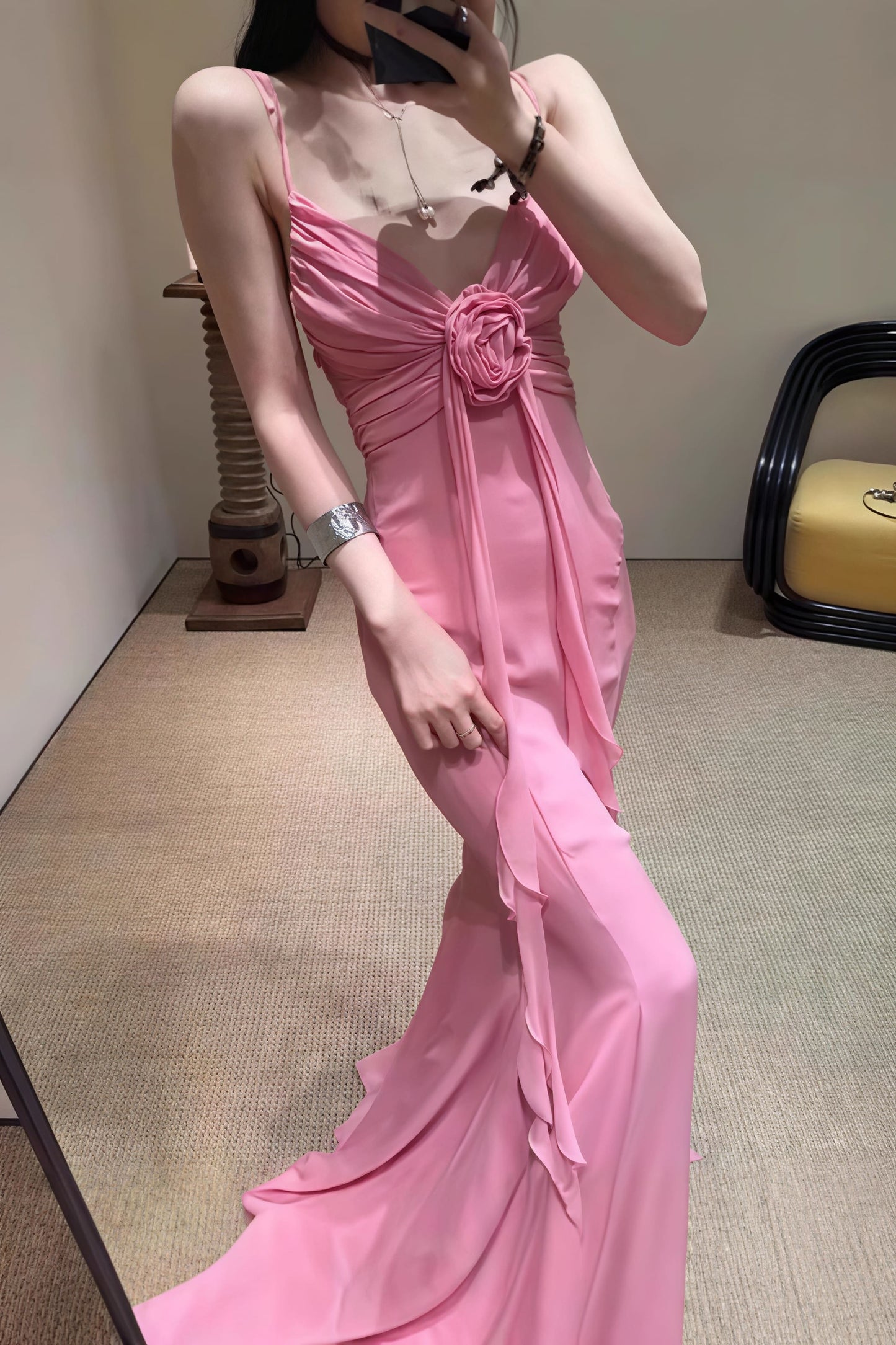 | 3D Rose Flowy Spaghetti Strap Backless Maxi Dress
