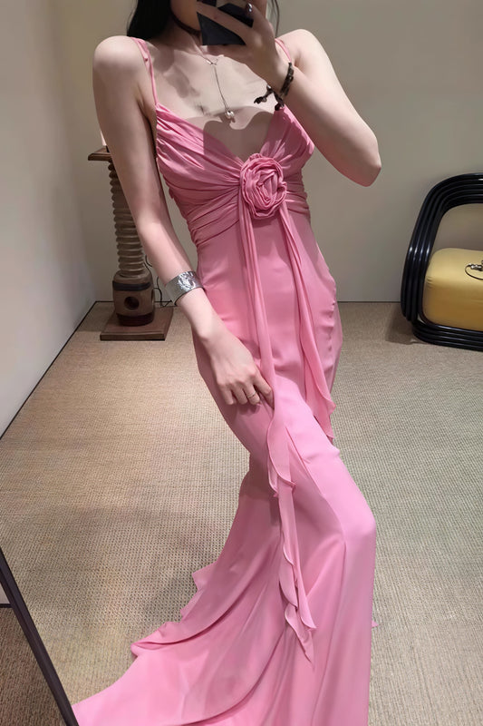 | 3D Rose Flowy Spaghetti Strap Backless Maxi Dress
