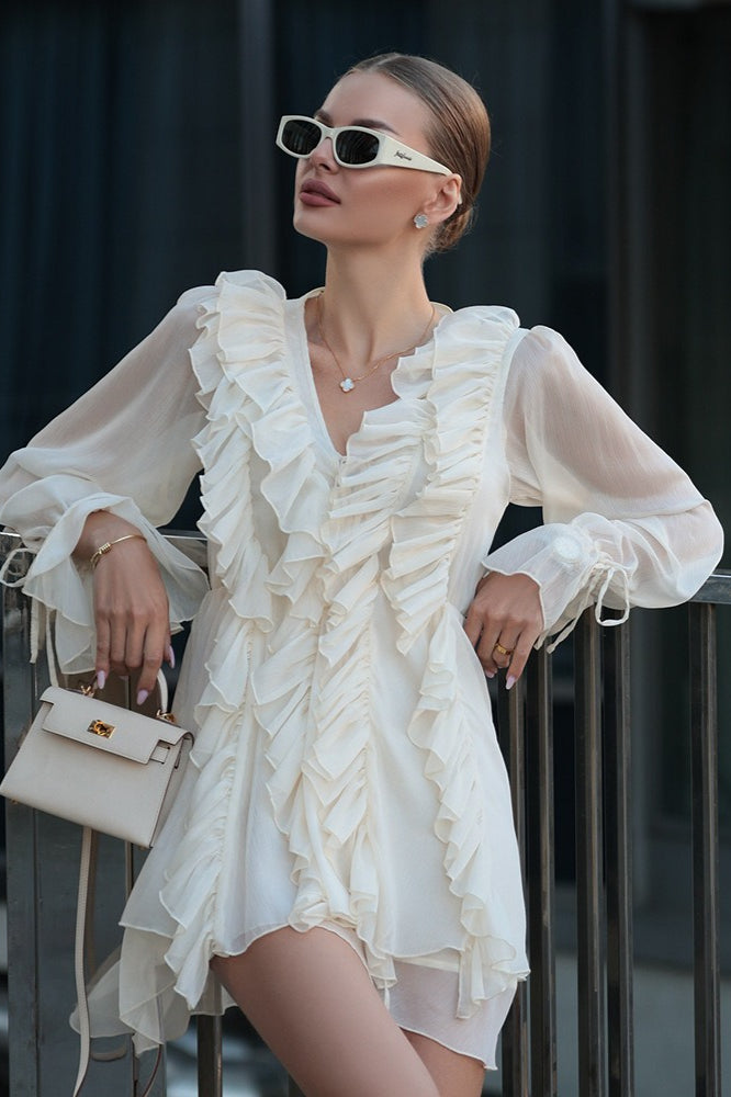 Chiffon Deep V-Neck Tiered Ruffle Bell Sleeve Tie Cuff Mini Dress