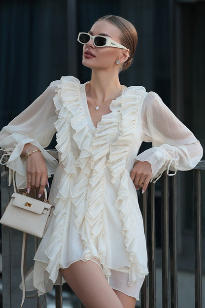Chiffon Deep V-Neck Tiered Ruffle Bell Sleeve Tie Cuff Mini Dress