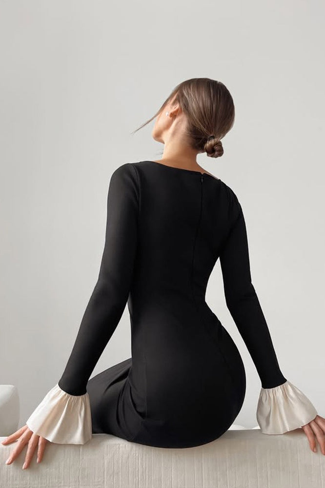 Scoop Neck Long Sleeve Flared Contrast Cuff Bodycon Midi Dress