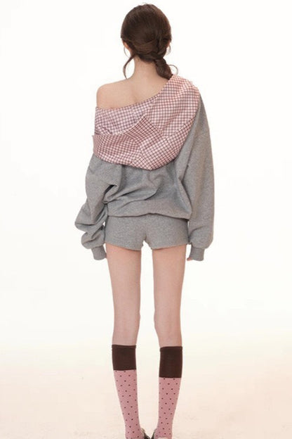 Cute Plaid PatchworkOff-the-shoulder Oversized Two Piece Set