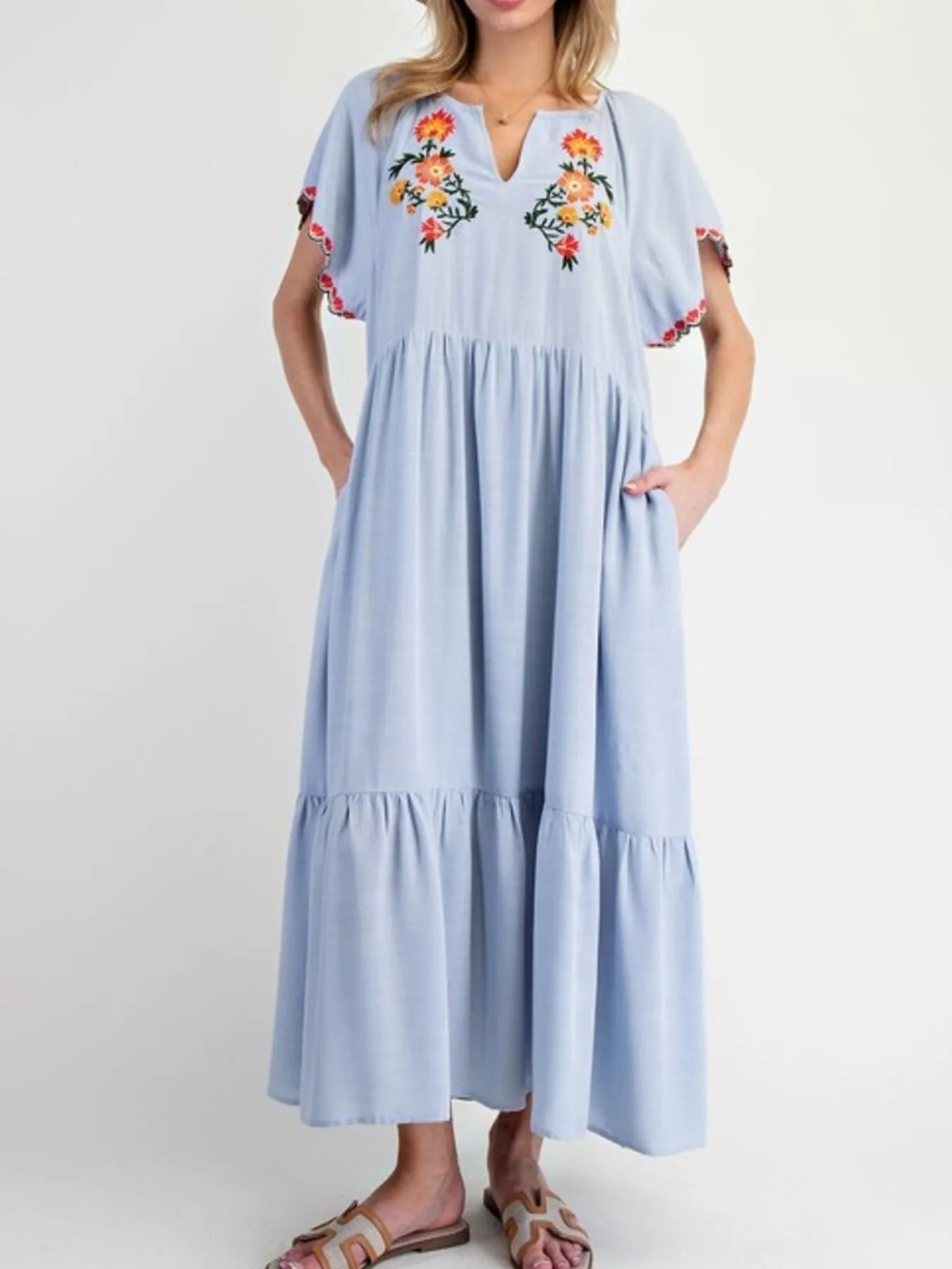 Floral Embroidered V-Neck Short Sleeve Tiered Maxi Dress