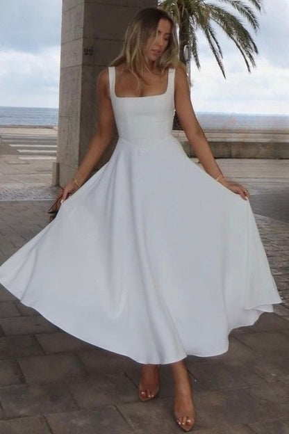 Square Neck Wide Strap Sleeveless Full Skirt Midi Dress