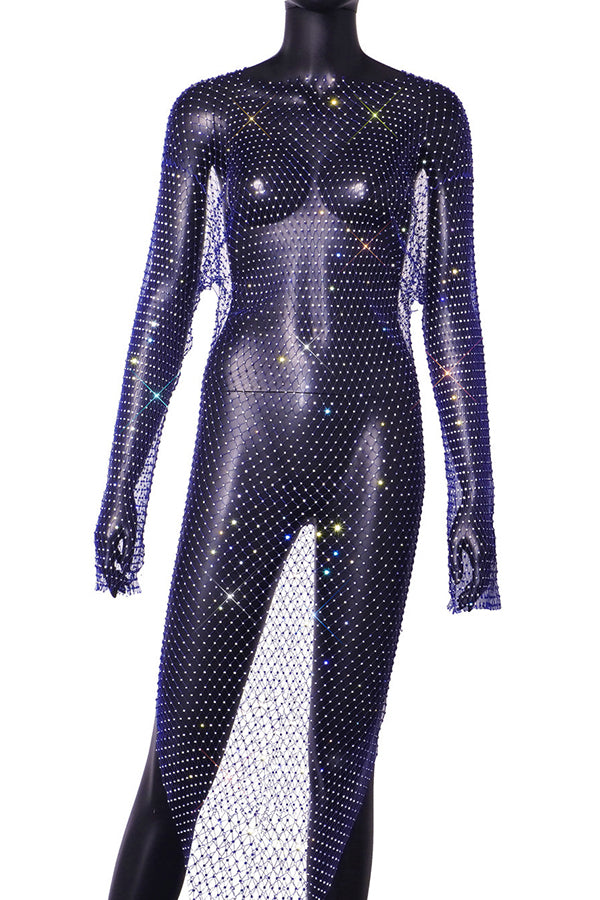 Best Layering Items Mesh Wide Neck Long Sleeve Slit Cover-up Maxi Dress