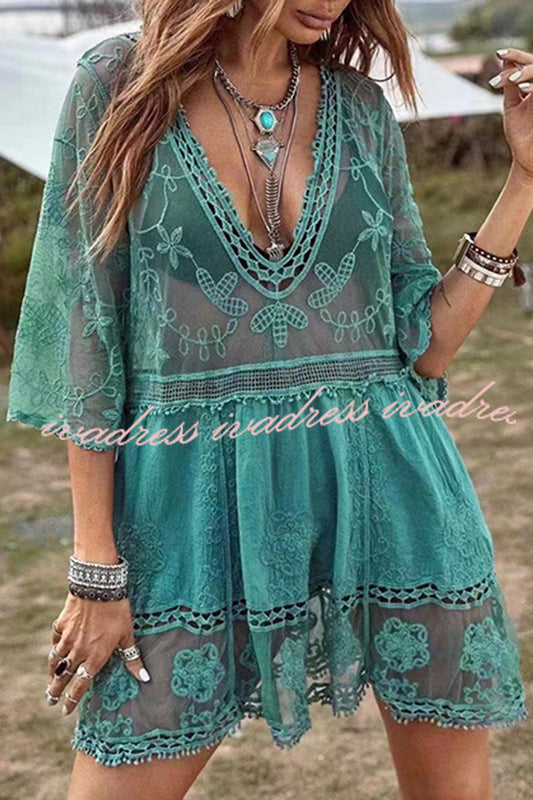 Lace V Neck Hollow Short Sleeved Cover Up