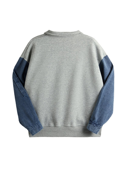 Denim Splice Letter Print Lapel Neck Oversized Hoodie