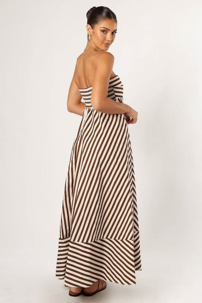 Strapless Multi Directional Chevron Stripe Panel Flared Maxi Dress