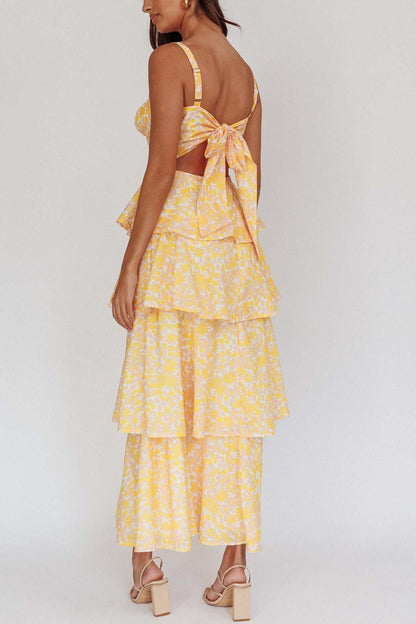 Floral Print Tie-up Tiered Midi Dress