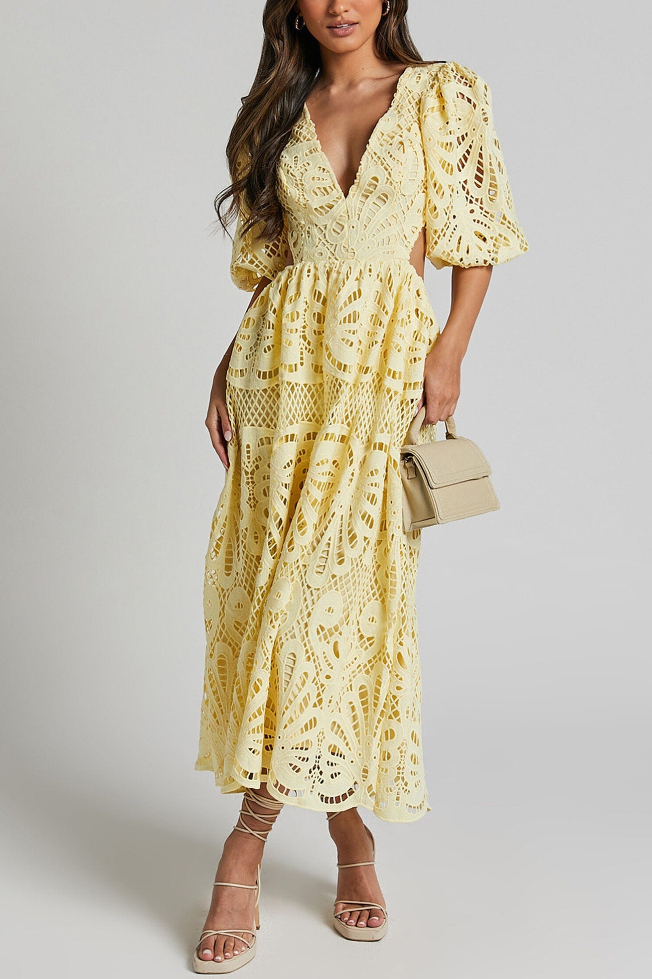 V-neck Lace Embroidery Hollow Waist Dress