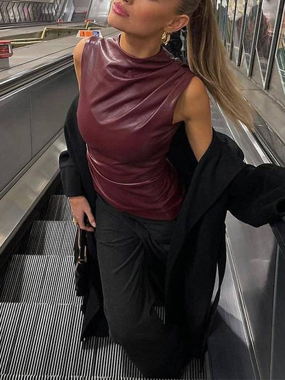 Leather Pleated Sleeveless Top