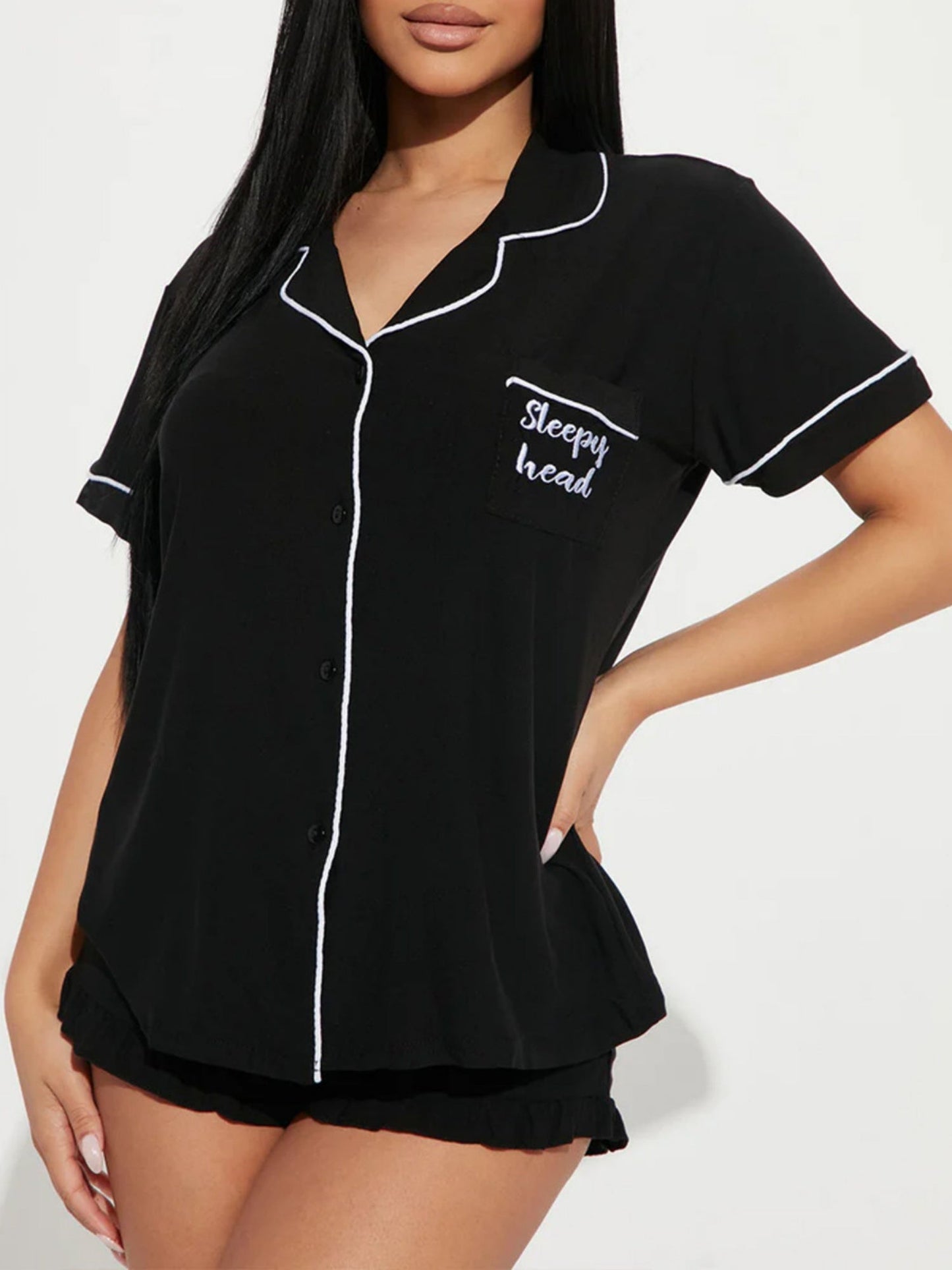 Collared Short-sleeved Shirt Lace-trimmed Shorts Two-piece Loungewear Set