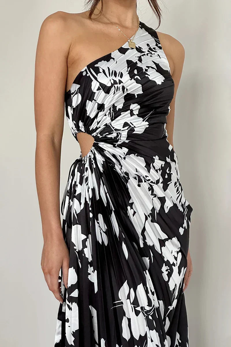 Floral Print One Shoulder Ruched Waist Bodycon Maxi Dress