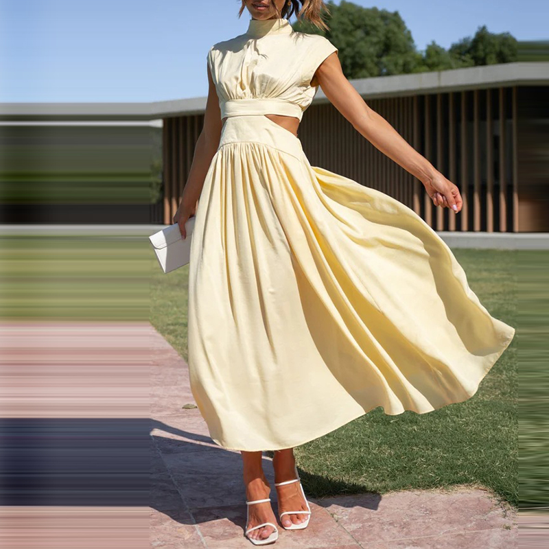 Mock Neck Cap Sleeve Side Cut Out Pleated A-Line Midi Dress