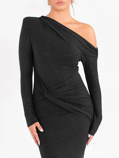 Shiny Off-Shoulder Pleated Maxi Dress