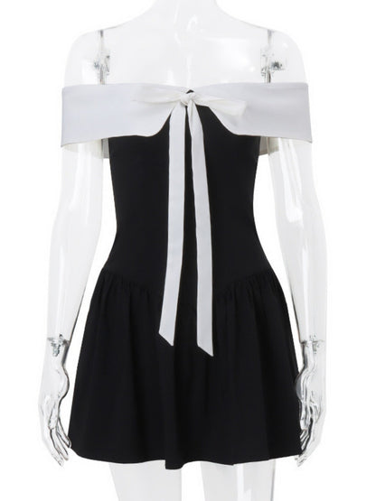 Off-shoulder Bow Waist Tie Short Sleeves Mini&Short Dresses