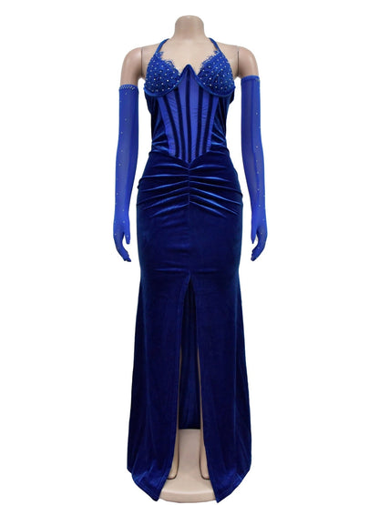 Lace And Velvet Patchwork Rhinestone-studded Evening Gown Mesh See-through Halter Neck Slit Maxi Dresses