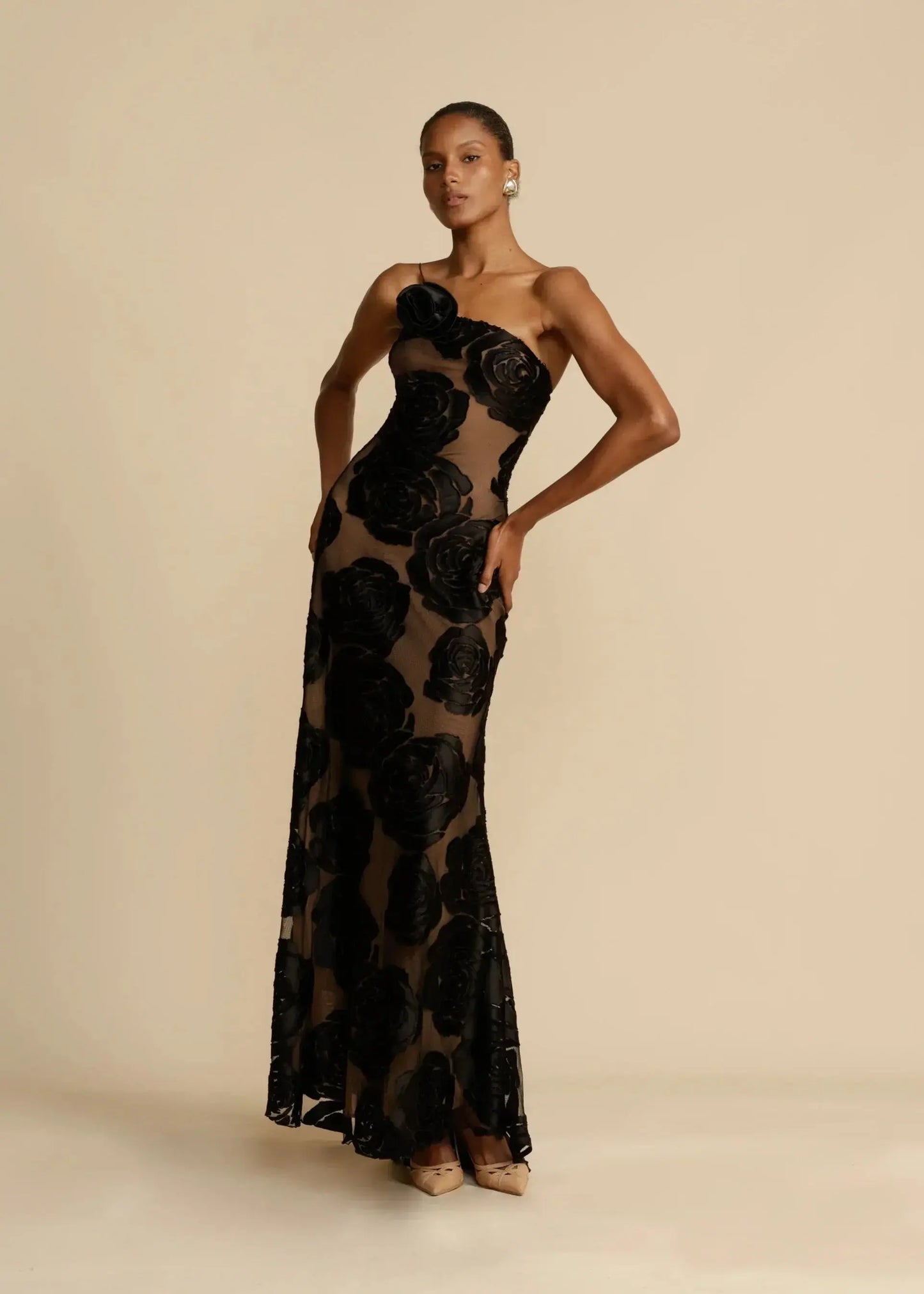 | Strapless Floral Evening Gown