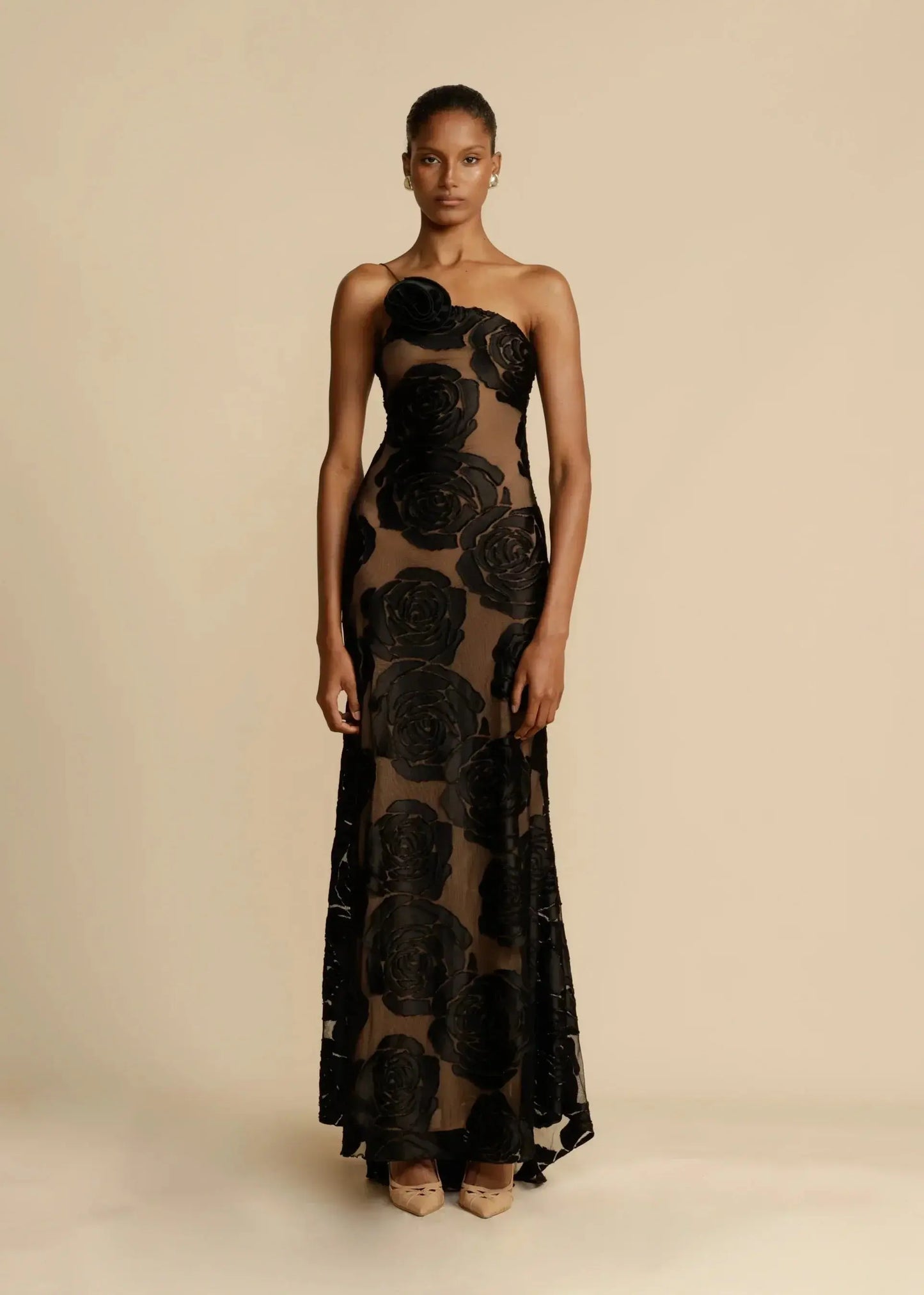 | Strapless Floral Evening Gown