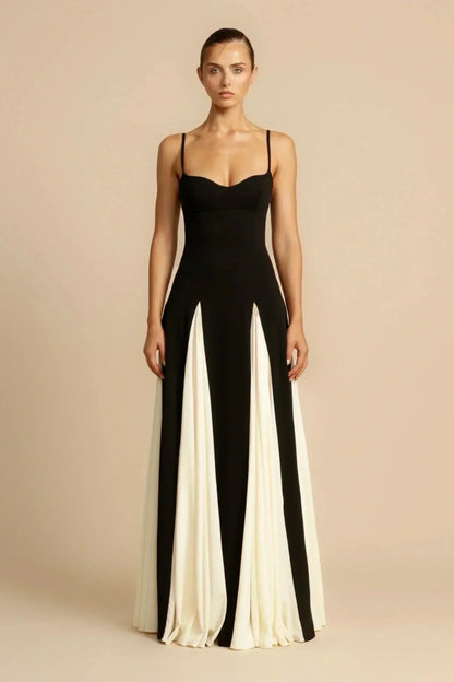 Sweetheart Spaghetti Strap Paneled Godet Flared Maxi Gown