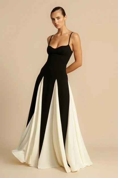 Sweetheart Spaghetti Strap Paneled Godet Flared Maxi Gown
