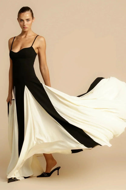 Sweetheart Spaghetti Strap Paneled Godet Flared Maxi Gown