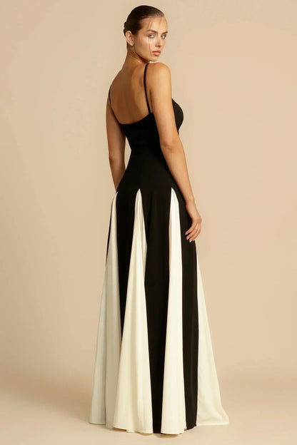 Sweetheart Spaghetti Strap Paneled Godet Flared Maxi Gown