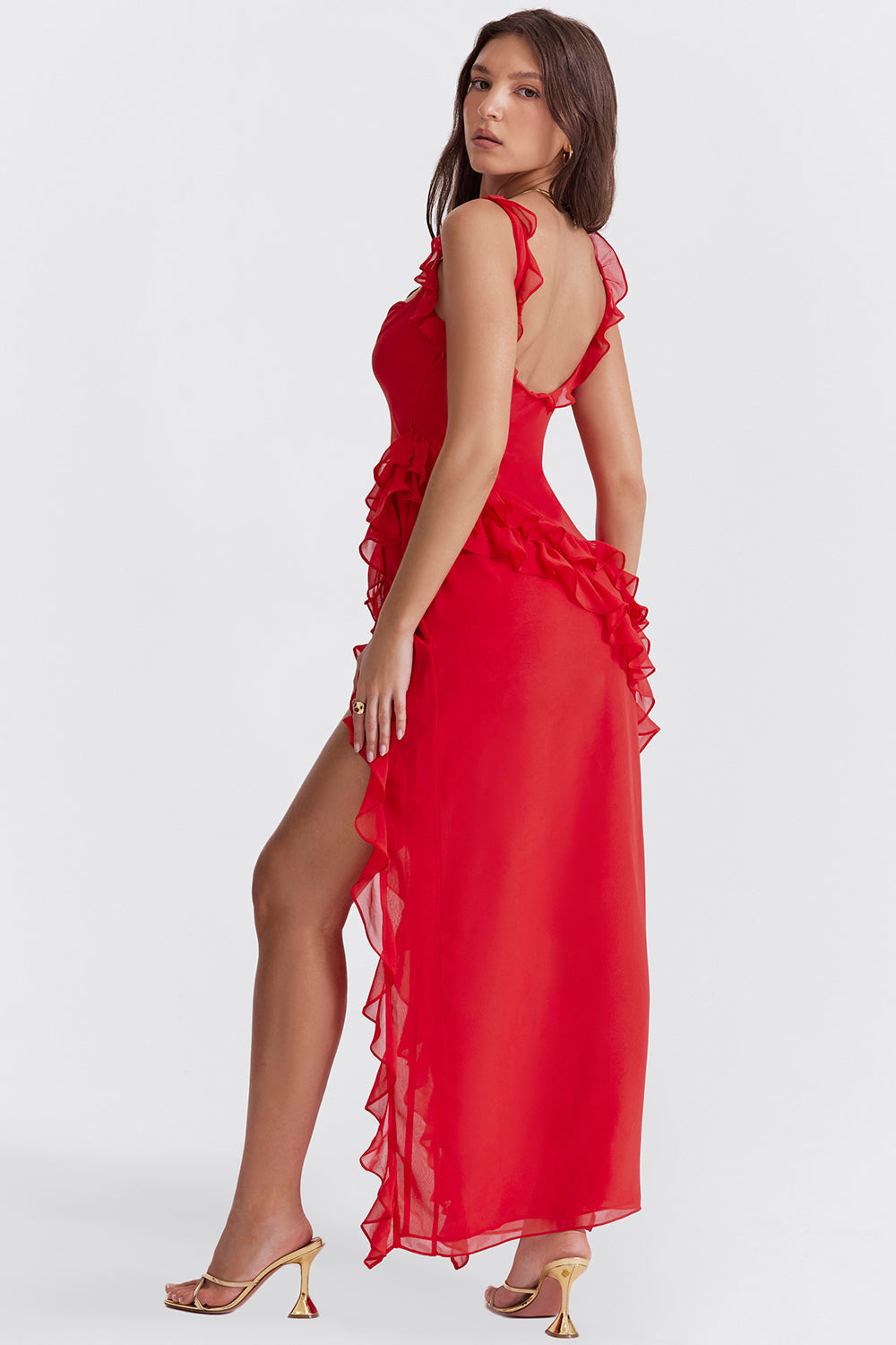 Square Neck Cap Sleeve Cascading Ruffle Trim High Slit Maxi Gown