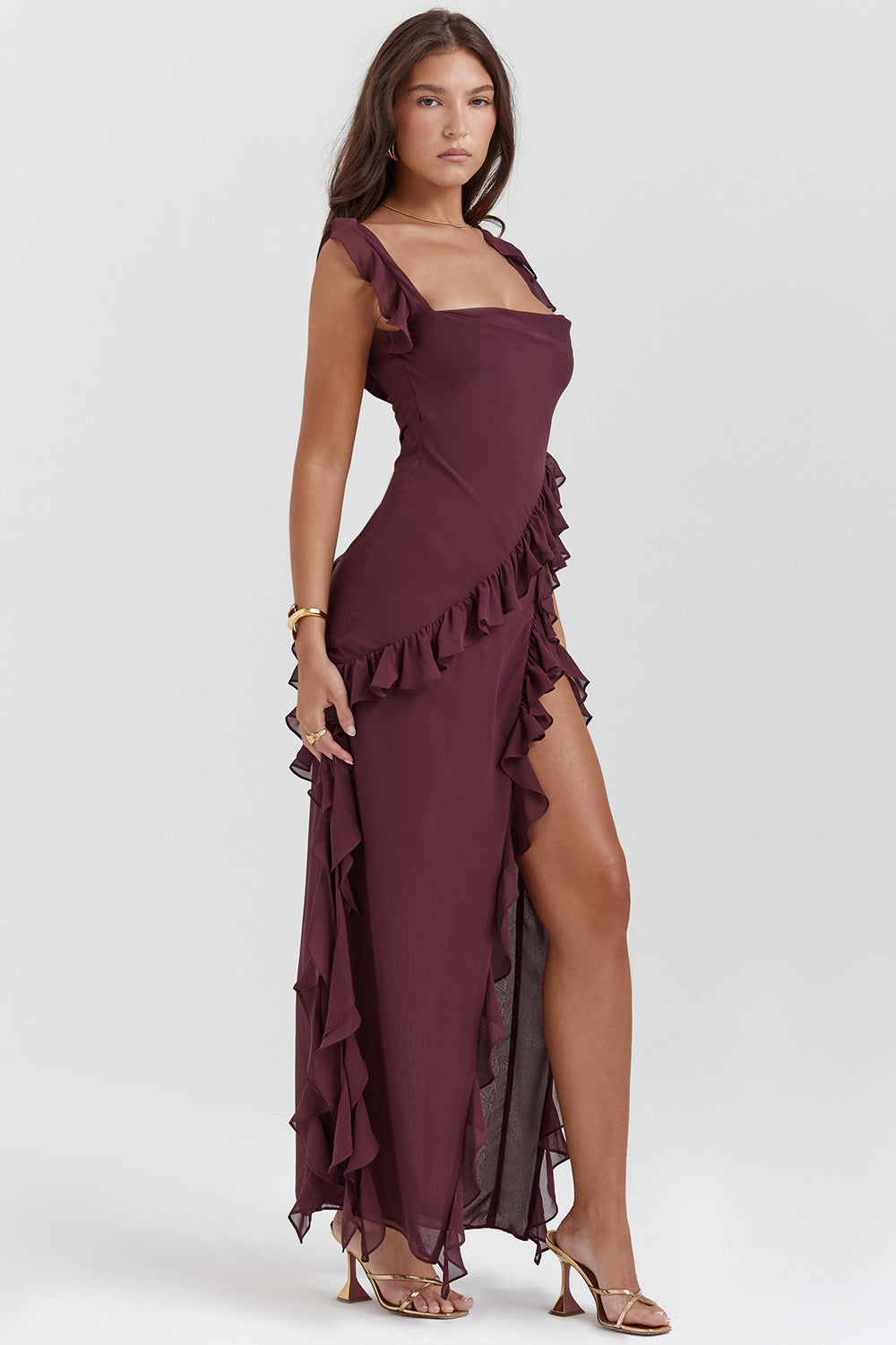 Square Neck Cap Sleeve Cascading Ruffle Trim High Slit Maxi Gown