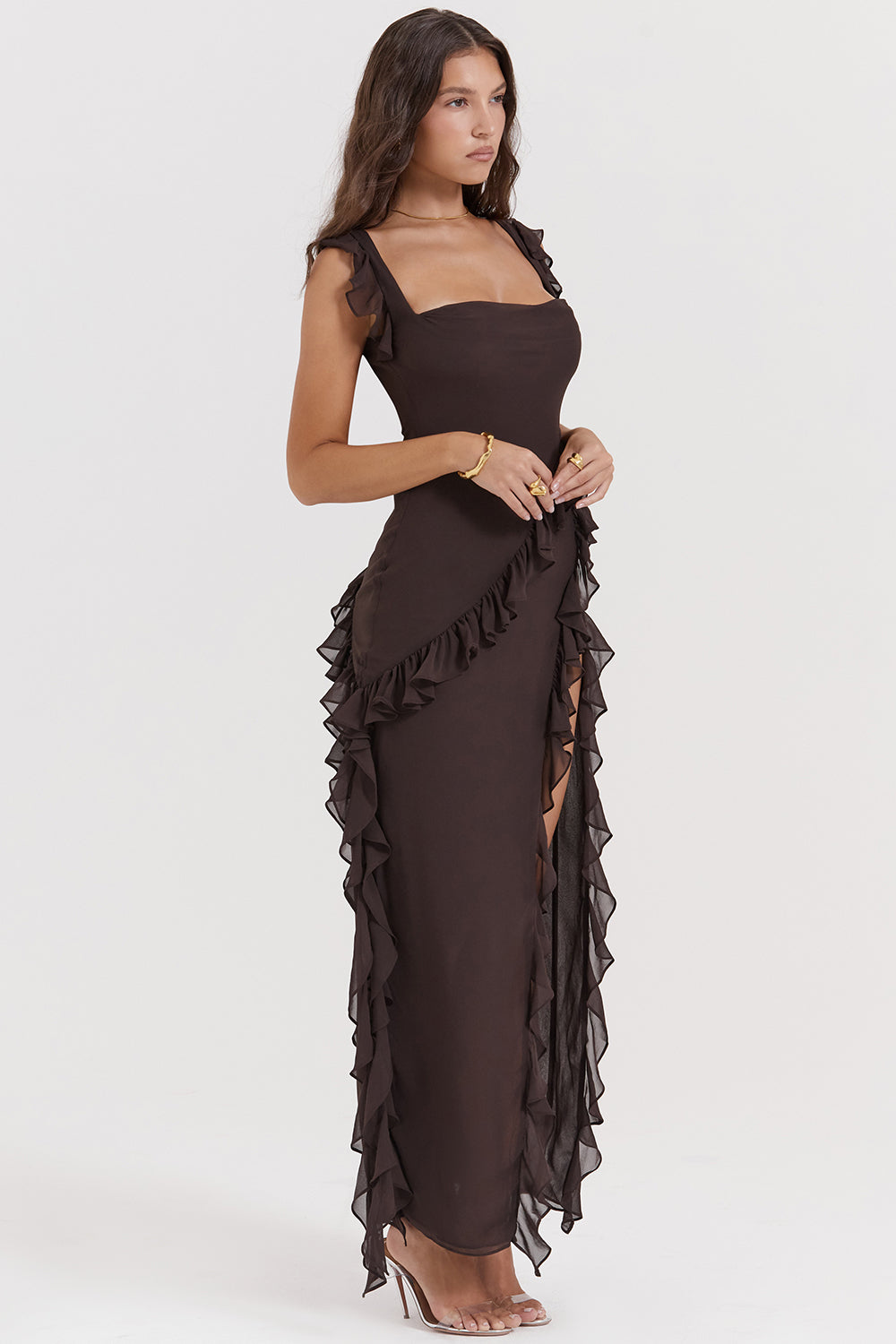 Square Neck Cap Sleeve Cascading Ruffle Trim High Slit Maxi Gown