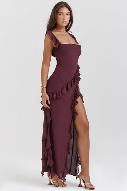 Square Neck Cap Sleeve Cascading Ruffle Trim High Slit Maxi Gown